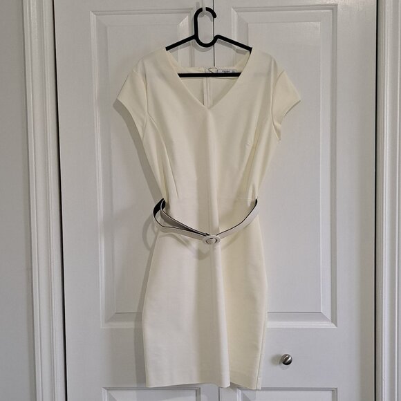 NWOT Mango Cream V Neck Cap Sleeve Dress with Belt - Picture 1 of 2